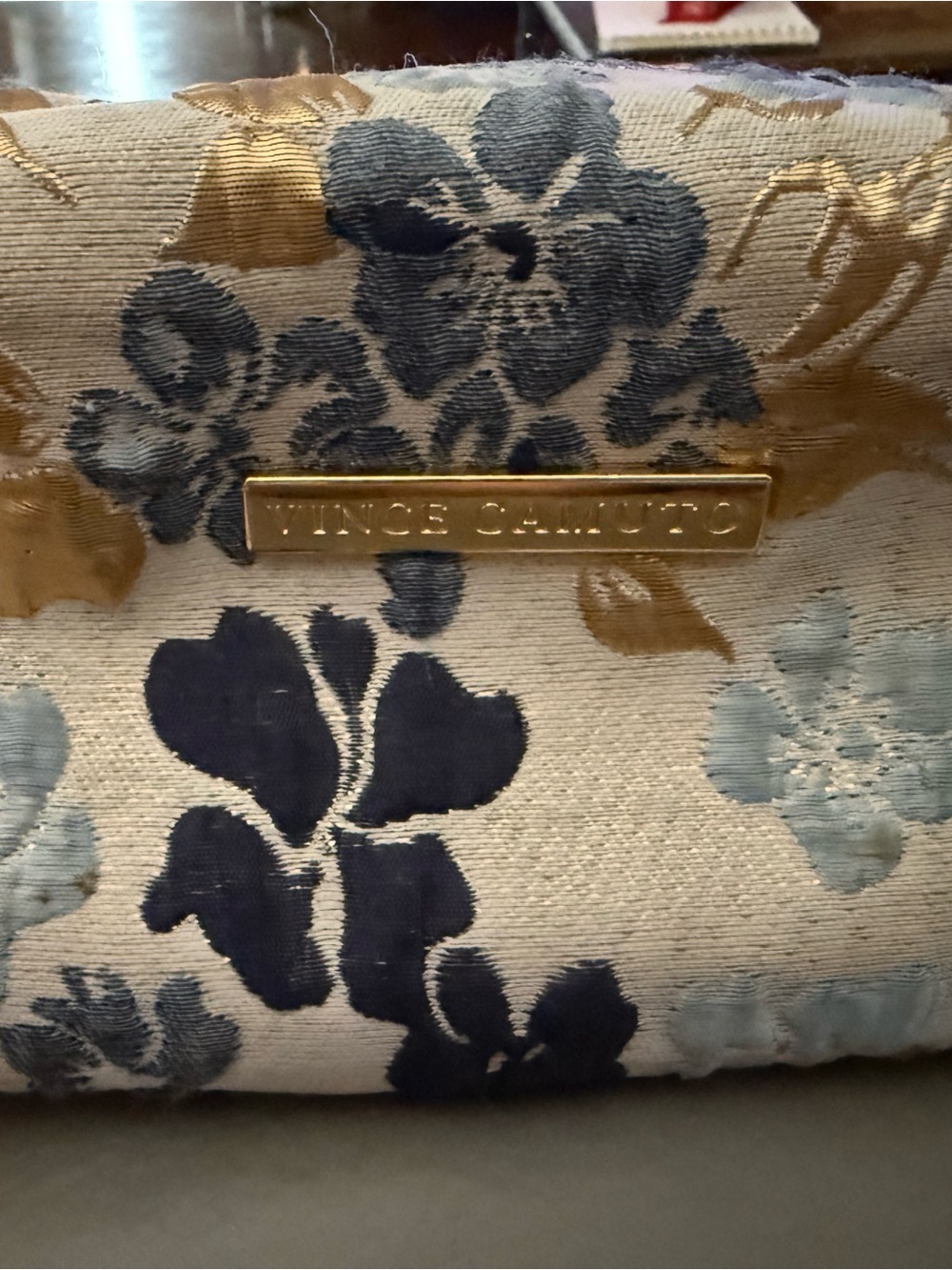 Vince Camuto Navy and Gold Floral Jacquard Cosmetic Bag